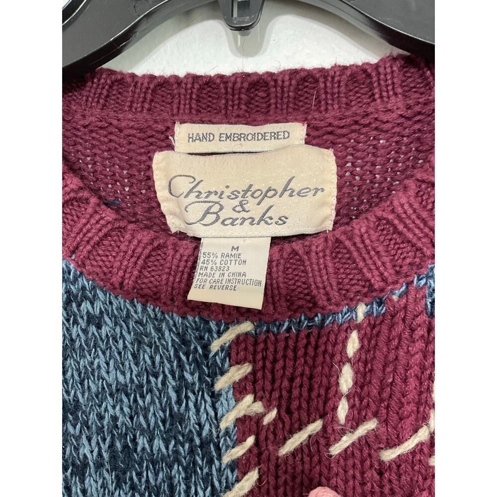 VTG 90s Christopher & Banks Patchwork Womens Sweater Size Medium Hand Embroided - Picture 8 of 9